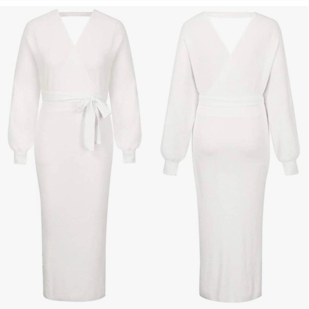 Women's V-Neck Long Sleeve Wrap Midi Knit Sweater Dress